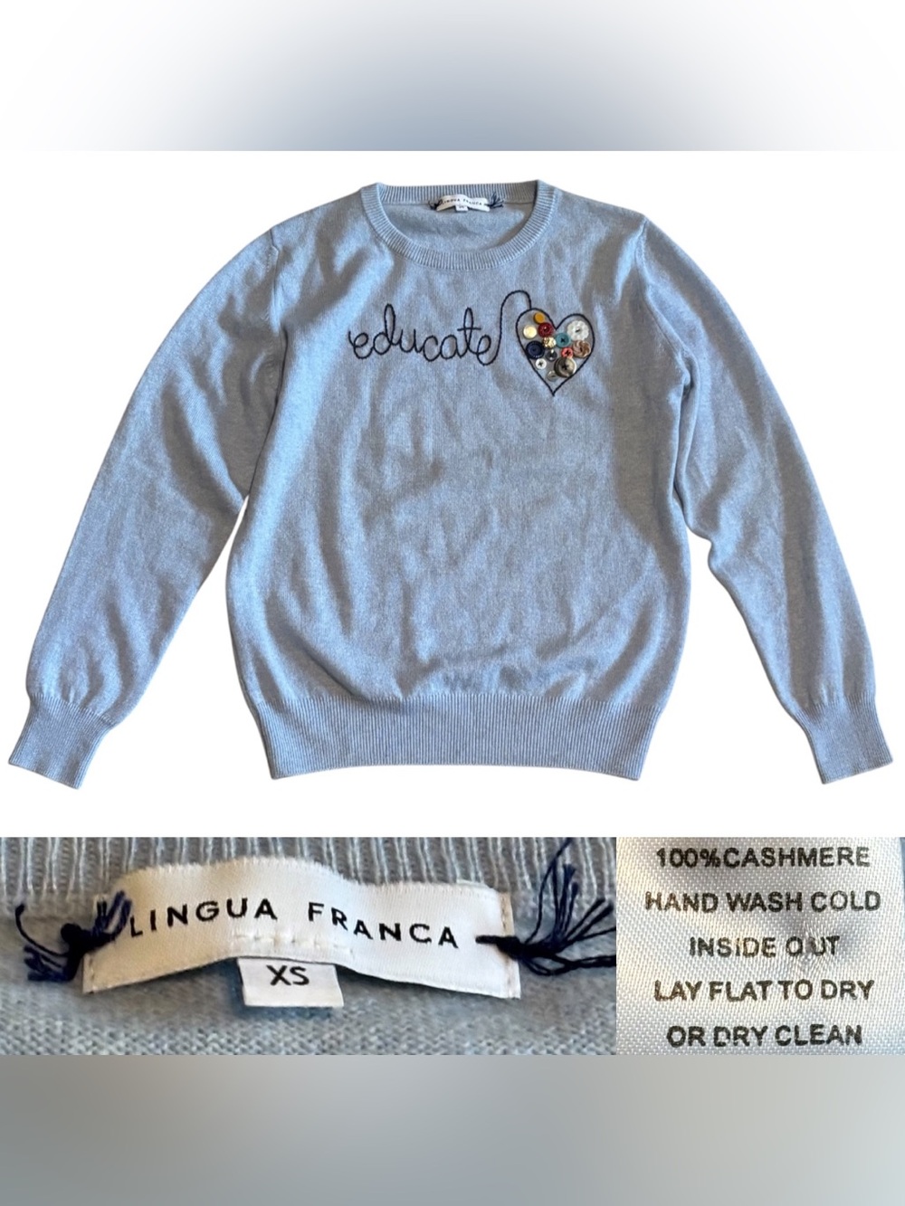 Lingua Franca “Educate” Cashmere Sweater Women’s Size XS In Light Blue